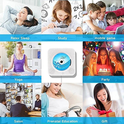 Portable Bluetooth Speaker for Playing CDs with Digital Display shown in lifestyle collage for party, yoga, travel, study and gifts