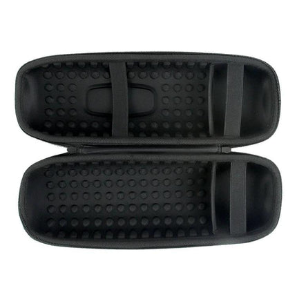 Portable Speaker Carry Case With Shoulder Strap For Travel open black hard-shell interior with elastic straps and molded padding