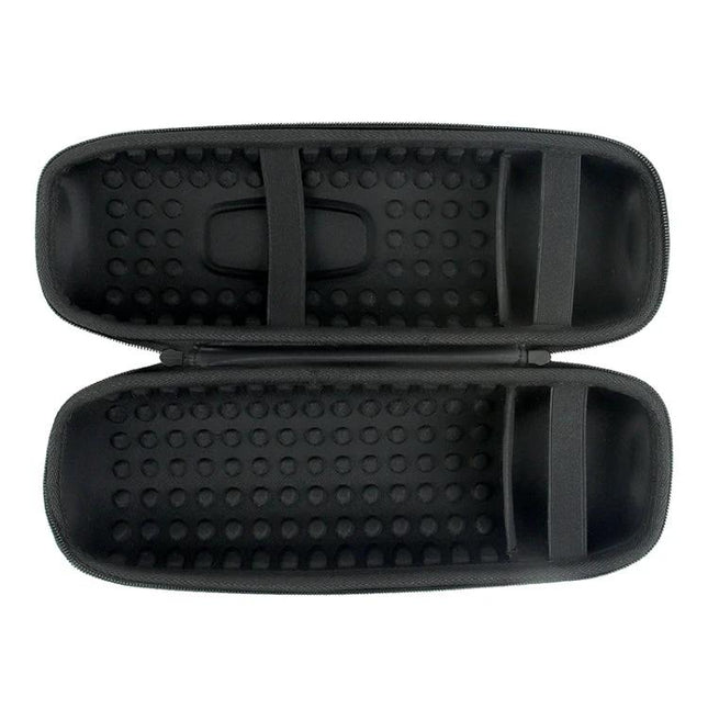 Portable Speaker Carry Case With Shoulder Strap For Travel open black hard-shell interior with elastic straps and molded padding