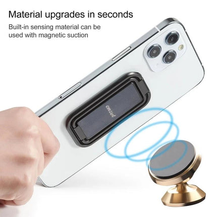 Cmzwt Adjustable Folding Magnetic Desk Phone Holder attached to smartphone demonstrating magnetic mounting and foldable stand