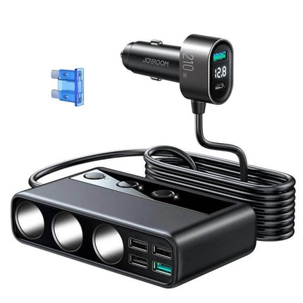Joyroom Car Charger With Digital Display showing digital voltage readout, three-socket splitter and multiple USB ports for family road trips