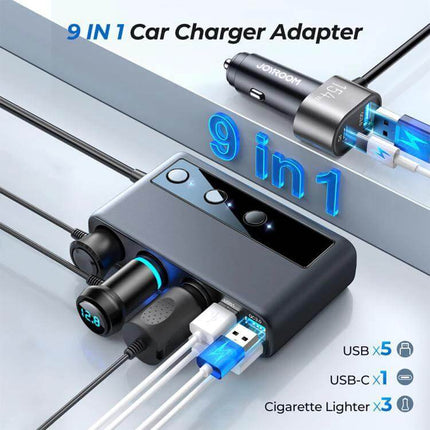 Joyroom Car Charger With Digital Display compact 9-in-1 adapter showing digital voltage readout and multiple USB and USB-C ports for family road trips