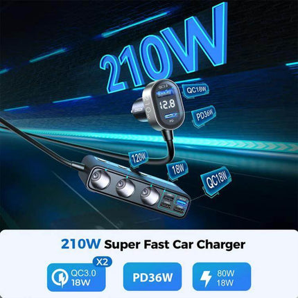Joyroom Car Charger With Digital Display showing 210W super fast charging, QC3.0 and PD36W ports for front and rear seats