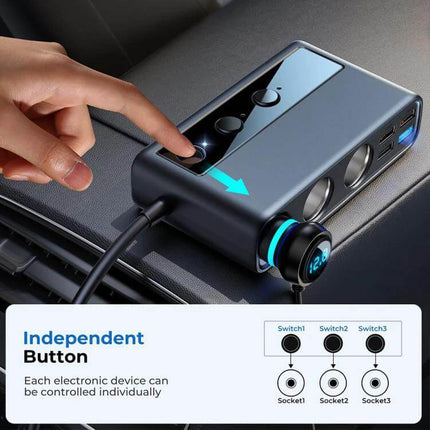 Joyroom Car Charger With Digital Display showing compact multi-socket unit with digital power readout and independent buttons for front and rear charging