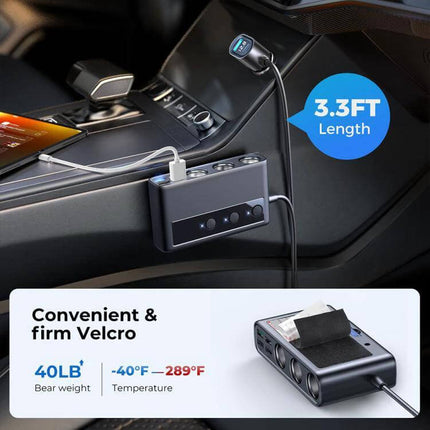 Joyroom Car Charger With Digital Display mounted in center console showing 3.3ft cable, digital readout and Velcro mount for family road trips