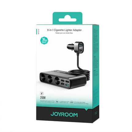 Joyroom Car Charger With Digital Display in retail box showing 9-in-1 cigarette lighter adapter, digital voltage display, multiple USB ports, coiled cable