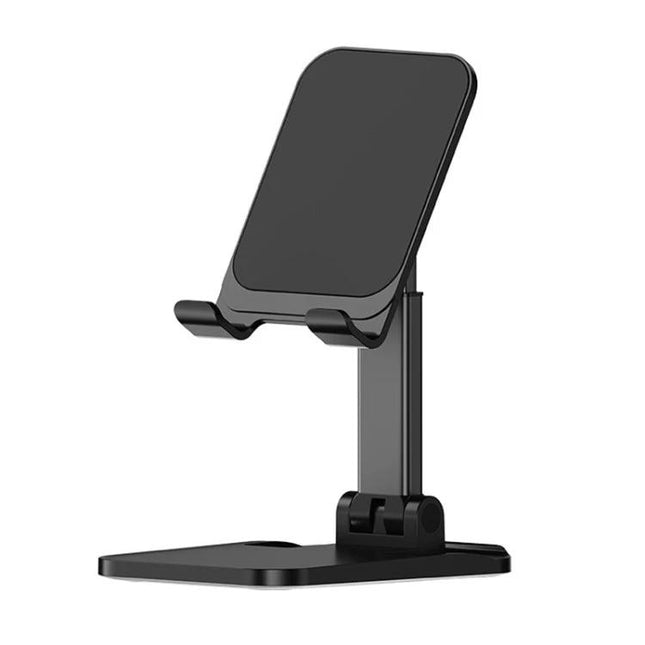 ROCK Folding Desktop Holder for Mobile Phones with Adjustable Angle on desk showing adjustable double-shaft stand for video calls and streaming