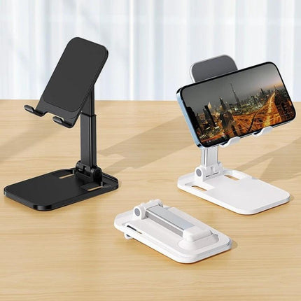 ROCK Folding Desktop Holder for Mobile Phones with Adjustable Angle showing black and white adjustable stands holding phones on a desk
