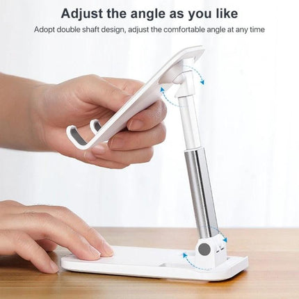 ROCK Folding Desktop Holder for Mobile Phones with Adjustable Angle showing double-shaft adjustable stand holding a phone for hands-free use