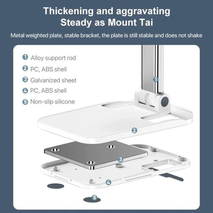 ROCK Folding Desktop Holder for Mobile Phones with Adjustable Angle - exploded view showing alloy support rod, weighted plate, PC ABS shell and non-slip silicone