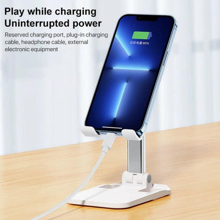 ROCK Folding Desktop Holder for Mobile Phones with Adjustable Angle showing phone charging on adjustable white desktop stand