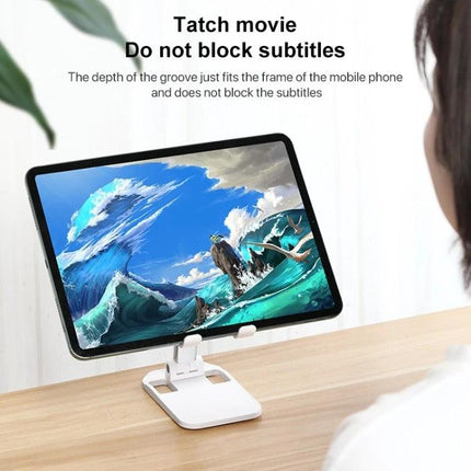 ROCK Folding Desktop Holder for Mobile Phones with Adjustable Angle holding tablet on desk at adjustable viewing angle without blocking screen