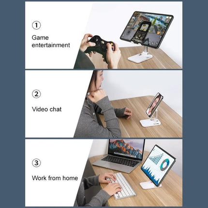 ROCK Folding Desktop Holder for Mobile Phones with Adjustable Angle shown in scenes: gaming, video chat, and work-from-home on a desk