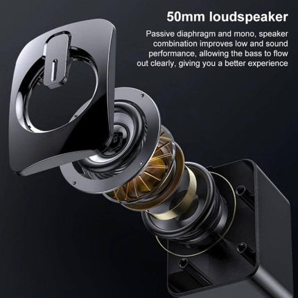 Compact Bluetooth USB Speaker For Desk Bedside Travel showing exploded 50mm loudspeaker components and passive diaphragm details