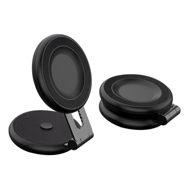 R-JUST Magnetic Car Phone Holder with 360-Degree Rotation showing compact foldable magnetic mount in open and closed positions, strong suction, 360° rotation