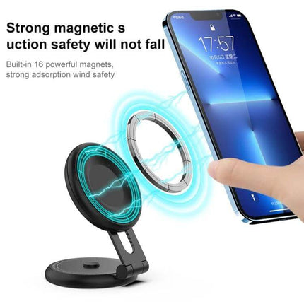 R-JUST Magnetic Car Phone Holder with 360-Degree Rotation showing strong magnetic suction holding a smartphone, 360° swivel, foldable portable car mount