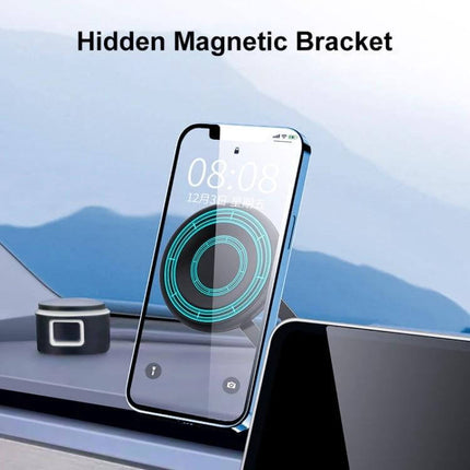 R-JUST Magnetic Car Phone Holder with 360-Degree Rotation showing a phone mounted with hidden magnetic bracket, 360° adjustable, compact foldable design
