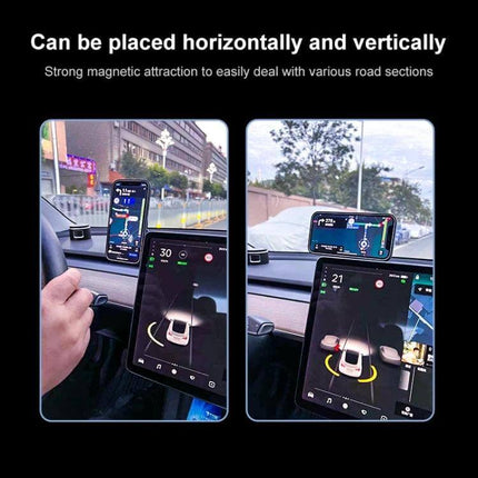 R-JUST Magnetic Car Phone Holder with 360-Degree Rotation showing phone mounted horizontally and vertically on a Tesla dashboard, strong magnetic grip, 360° rotation