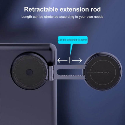 R-JUST Magnetic Car Phone Holder with 360-Degree Rotation retractable extension rod showing 36mm stretch, magnetic dual-screen mount for Tesla and other cars