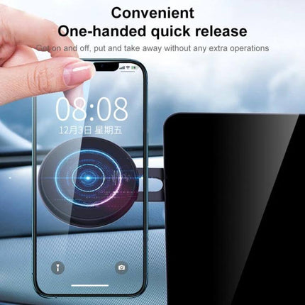R-JUST Magnetic Car Phone Holder with 360-Degree Rotation showing one-handed quick release magnetic mount holding smartphone in car dashboard, 360° rotation, foldable