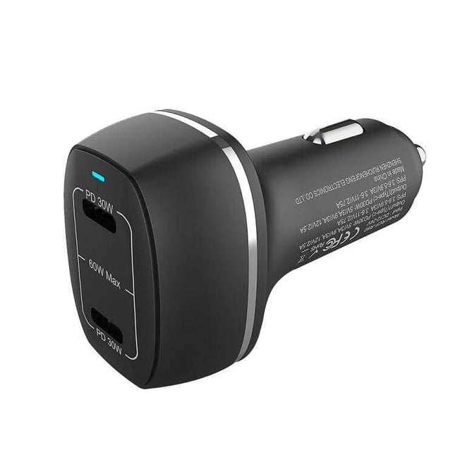 Dual Port Car Charger For Everyday In Car Use On The Go black dual USB-C PD car charger showing two ports and 60W max power
