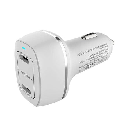 Dual Port Car Charger For Everyday In Car Use On The Go — white dual USB-C PD 60W car charger with two independent ports