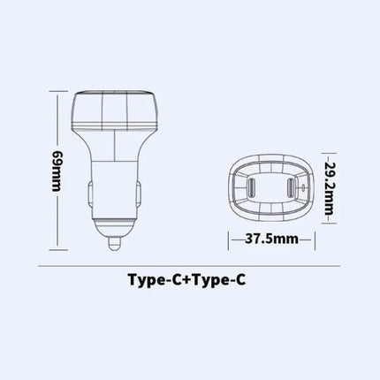 Dual Port Car Charger For Everyday In Car Use On The Go - compact Type-C+Type-C car charger with dual USB-C PD ports and dimensions 69mm x 37.5mm x 29.2mm