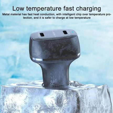 Dual Port Car Charger For Everyday In Car Use On The Go — compact dual USB-C PD 60W car charger shown on ice highlighting low temperature fast charging