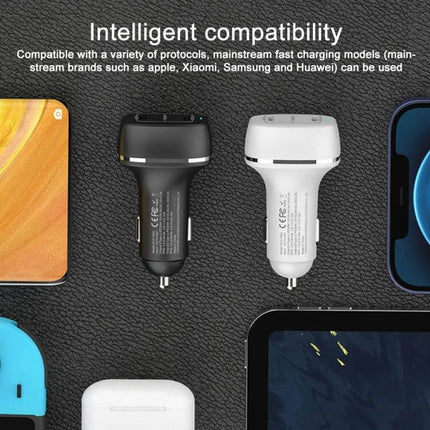 Dual Port Car Charger For Everyday In Car Use On The Go - black and white USB-C PD dual-port car chargers shown with phones and tablet