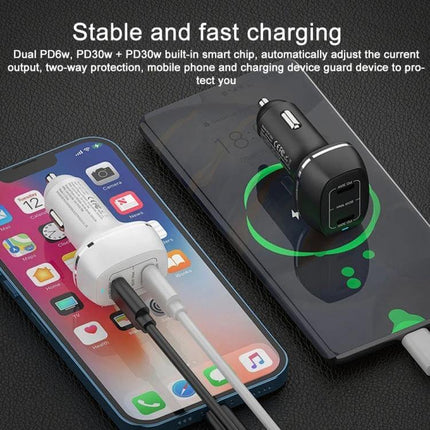 Dual Port Car Charger For Everyday In Car Use On The Go — black dual USB-C PD 60W car charger powering two phones simultaneously