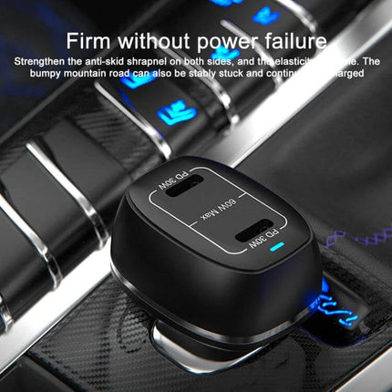 Dual Port Car Charger For Everyday In Car Use On The Go black dual USB-C PD car charger with two ports shown in car console, 60W total fast charging