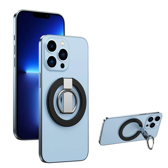 MagSafe Double Joint Ring Holder for iPhone 12 and 13 Series attached to blue iPhone showing grip and adjustable kickstand for hands-free viewing