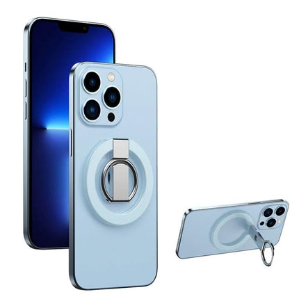 MagSafe Double Joint Ring Holder for iPhone 12 and 13 Series attached to light blue iPhone showing grip and kickstand functionality