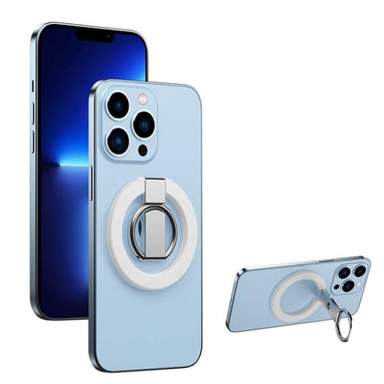 MagSafe Double Joint Ring Holder for iPhone 12 and 13 Series attached to light blue iPhone showing secure grip and kickstand positions