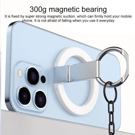 MagSafe Double Joint Ring Holder for iPhone 12 and 13 Series attached to blue iPhone showing magnetic ring and metal loop for secure grip and hands-free viewing