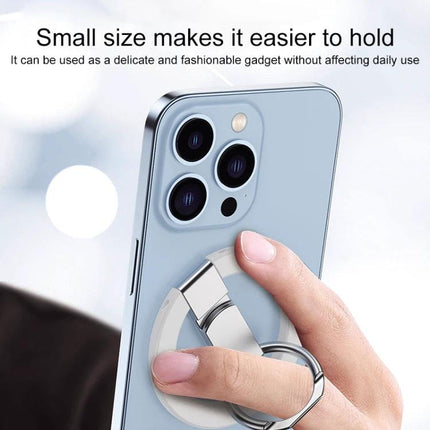 MagSafe Double Joint Ring Holder for iPhone 12 and 13 Series attached to back of blue iPhone held by hand for secure grip and hands-free viewing