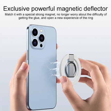 MagSafe Double Joint Ring Holder for iPhone 12 and 13 Series attached to back of blue iPhone demonstrating strong magnetic connection for secure grip and hands-free viewing