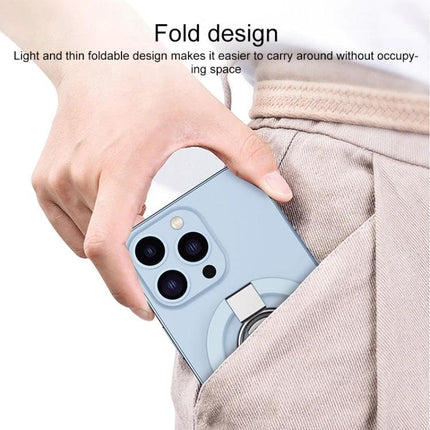 MagSafe Double Joint Ring Holder for iPhone 12 and 13 Series shown folded on blue iPhone being slid into a pocket for hands-free viewing and secure grip