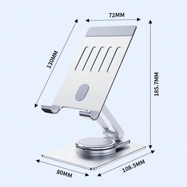 R-JUST Adjustable Folding Phone Holder for Versatile Viewing, silver adjustable stand with dimensions labeled for desk use