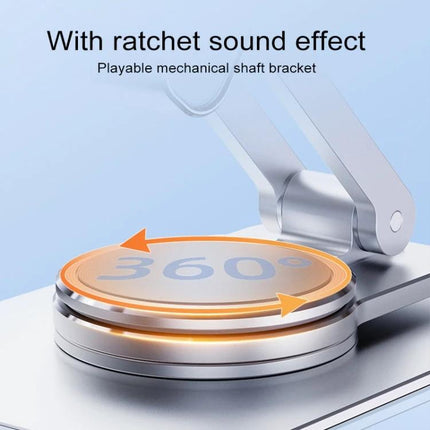 R-JUST Adjustable Folding Phone Holder for Versatile Viewing showing 360° rotating ratchet hinge for stable hands-free viewing