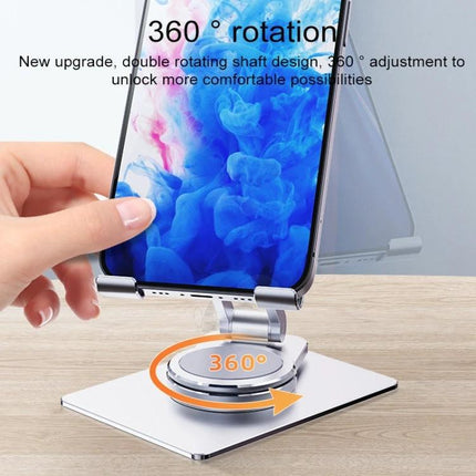 R-JUST Adjustable Folding Phone Holder for Versatile Viewing on desk demonstrating 360° rotation and adjustable angle for hands-free video calls and recipes