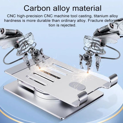 R-JUST Adjustable Folding Phone Holder for Versatile Viewing showing carbon alloy construction and adjustable angle for hands-free device support