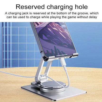 R-JUST Adjustable Folding Phone Holder for Versatile Viewing showing reserved charging hole with phone on adjustable stand