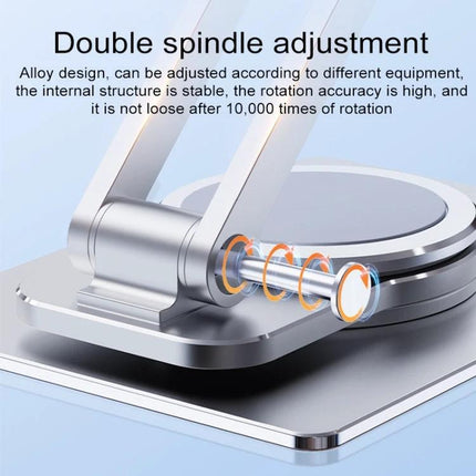 R-JUST Adjustable Folding Phone Holder for Versatile Viewing showing metal double spindle adjustment and 360° rotation for stable angle control