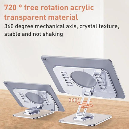 R-JUST Acrylic Rotating Stand for Tablets on Desktop showing clear acrylic rotating tablet stand with 360° adjustable angle and non-slip base