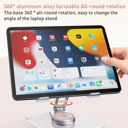 R-JUST Acrylic Rotating Stand for Tablets on Desktop showing tablet on 360° rotating acrylic and aluminum alloy desktop stand, non-slip silicone base