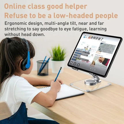 R-JUST Acrylic Rotating Stand for Tablets on Desktop holding a tablet at ergonomic angle for online class and video calls