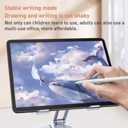 R-JUST Acrylic Rotating Stand for Tablets on Desktop showing tablet in stable writing mode with stylus and 360° adjustable angle