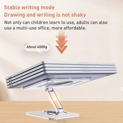 R-JUST Acrylic Rotating Stand for Tablets on Desktop showing stable angled acrylic and aluminum stand in writing mode, non-slip silicone base, 360° rotate