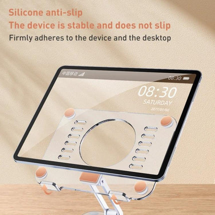 R-JUST Acrylic Rotating Stand for Tablets on Desktop showing clear acrylic holder with non-slip silicone pads and 360° rotation for video calls